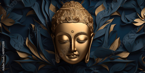 glowing golden buddha and abstract lotus on black background photo