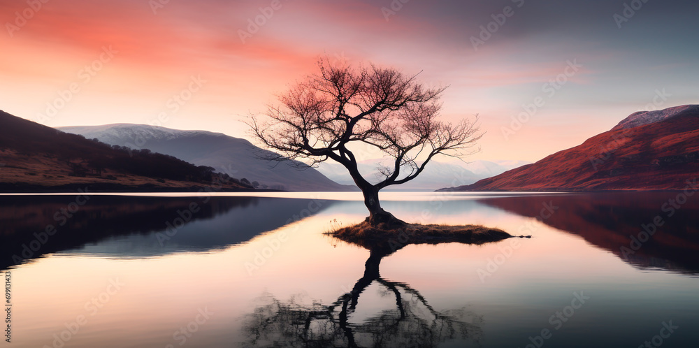 A beautiful view of a lone leafless tree in a river with shadows. with a beautiful colored atmosphere