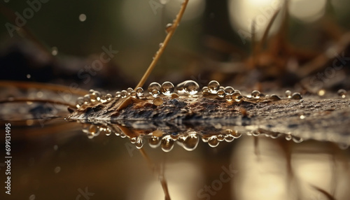 Freshness of dew on wet leaf, reflecting beauty in nature generated by AI
