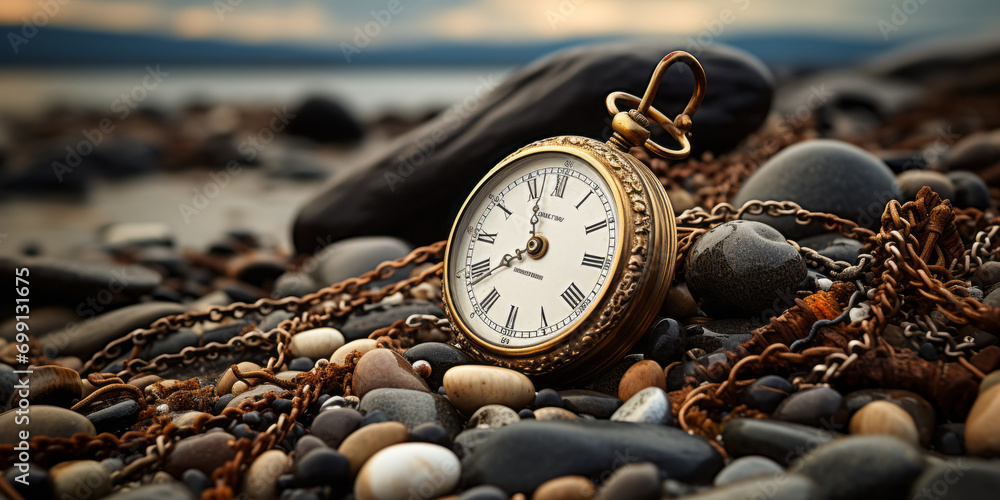 Timeless Seascape: Vintage Pocket Watch on Rocky Shore with Stormy Ocean Waves in Monochrome Tones