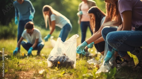 Close up of a group of eco volunteers picking up plastic trash in park