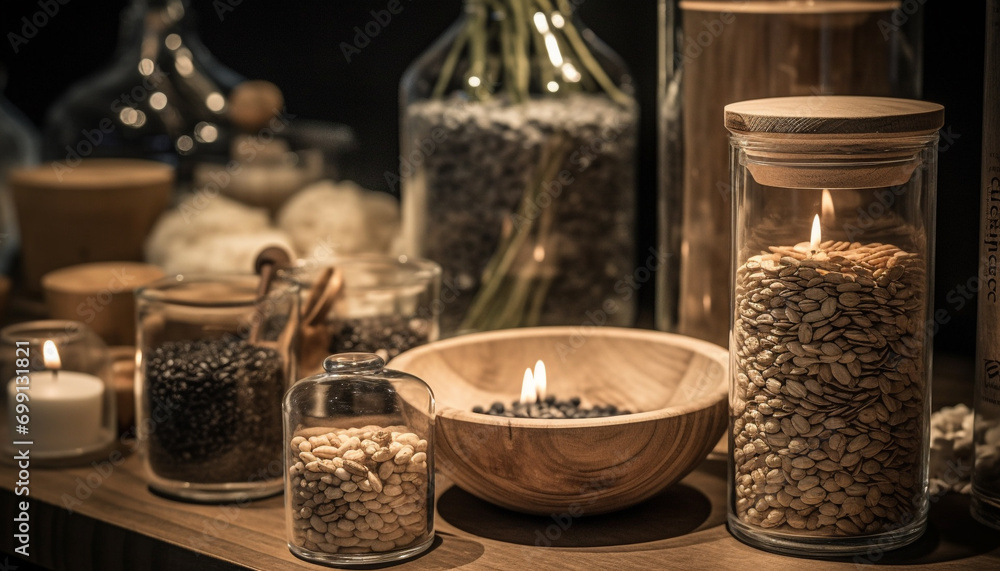 Organic wood table with candle arrangement for aromatherapy relaxation generated by AI