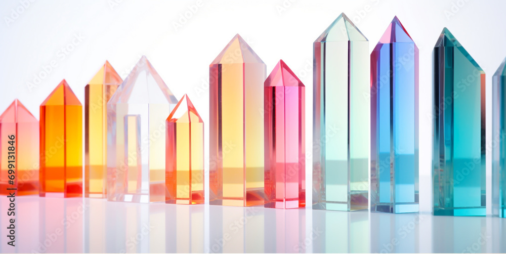 Glass geometric figures prisms. Abstract background with closeup shot of glossy crystal block with multicolored gradient reflection on blurred mirror surface. Glass geometric figures prisms. Abstract background with closeup shot of glossy crystal block with multicolored gradient reflection on blurred mirror surface.