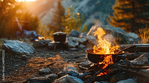 Cooking camping with family in the mountains