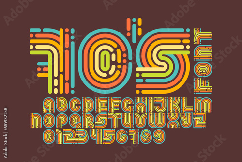 Vintage 70s style typeface with letters made of rounded color strokes