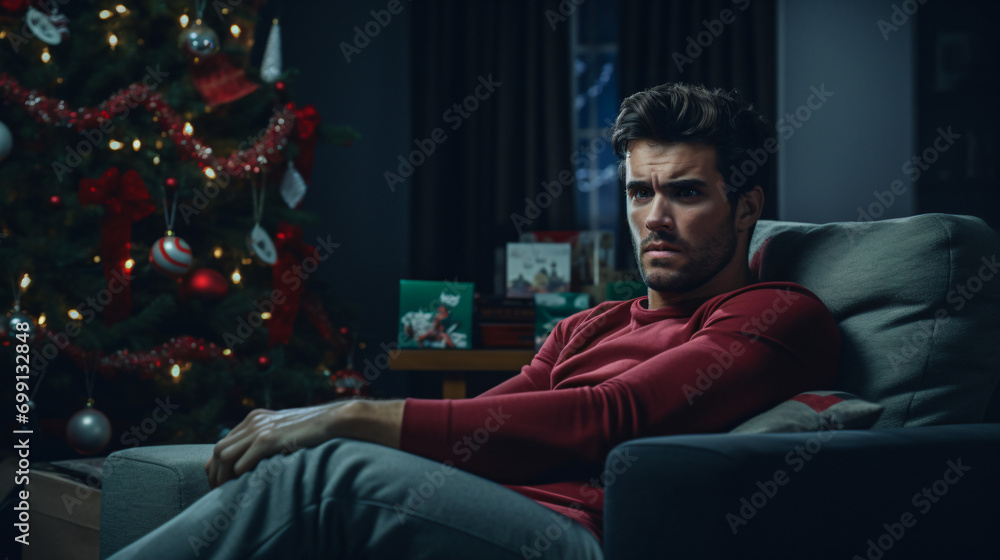 The lonely man watches TV alone during the holidays, feeling isolated