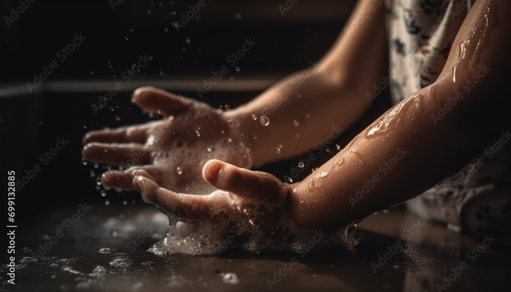 Fototapeta premium Smiling women kneading dough, splashing water for fresh baking fun generated by AI