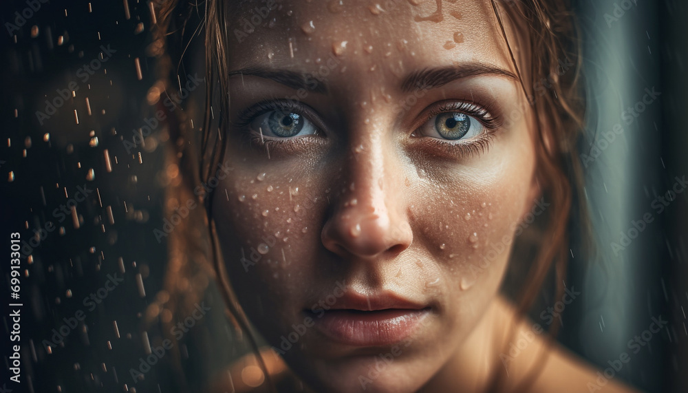 Beautiful young woman looking out window at raindrop reflection generated by AI Beautiful young woman looking out window at raindrop reflection generated by AI