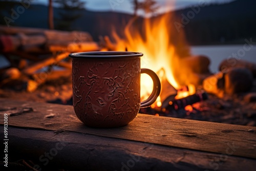 Warm coffee cup in Norways wilderness, lit by campfire glow