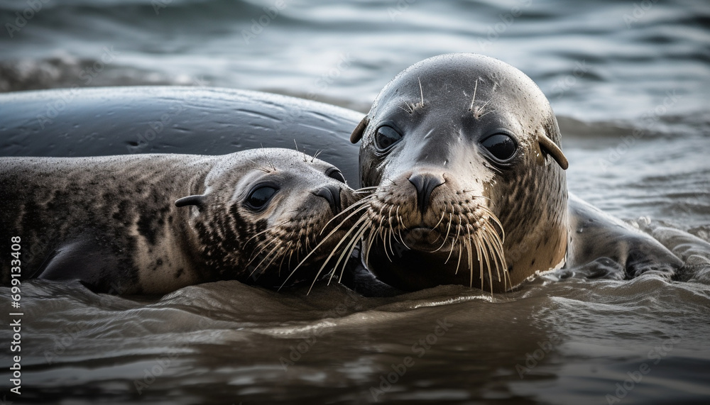 Fototapeta premium A cute seal pup resting on the coastline, looking at camera generated by AI