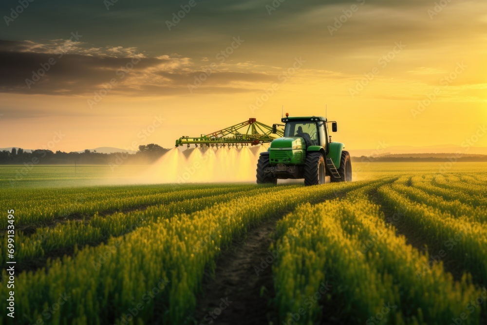 spraying fertilizer with a tractor on a field of green spraying fertilizer with a tractor on a field of green