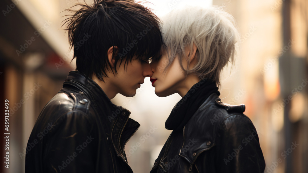 Two People in a Close Embrace, Faces Almost Touching, Soft Background ark Clothing, Moody and Atmospheric Setting, Emotional Connection, Close and Affectionate Moment