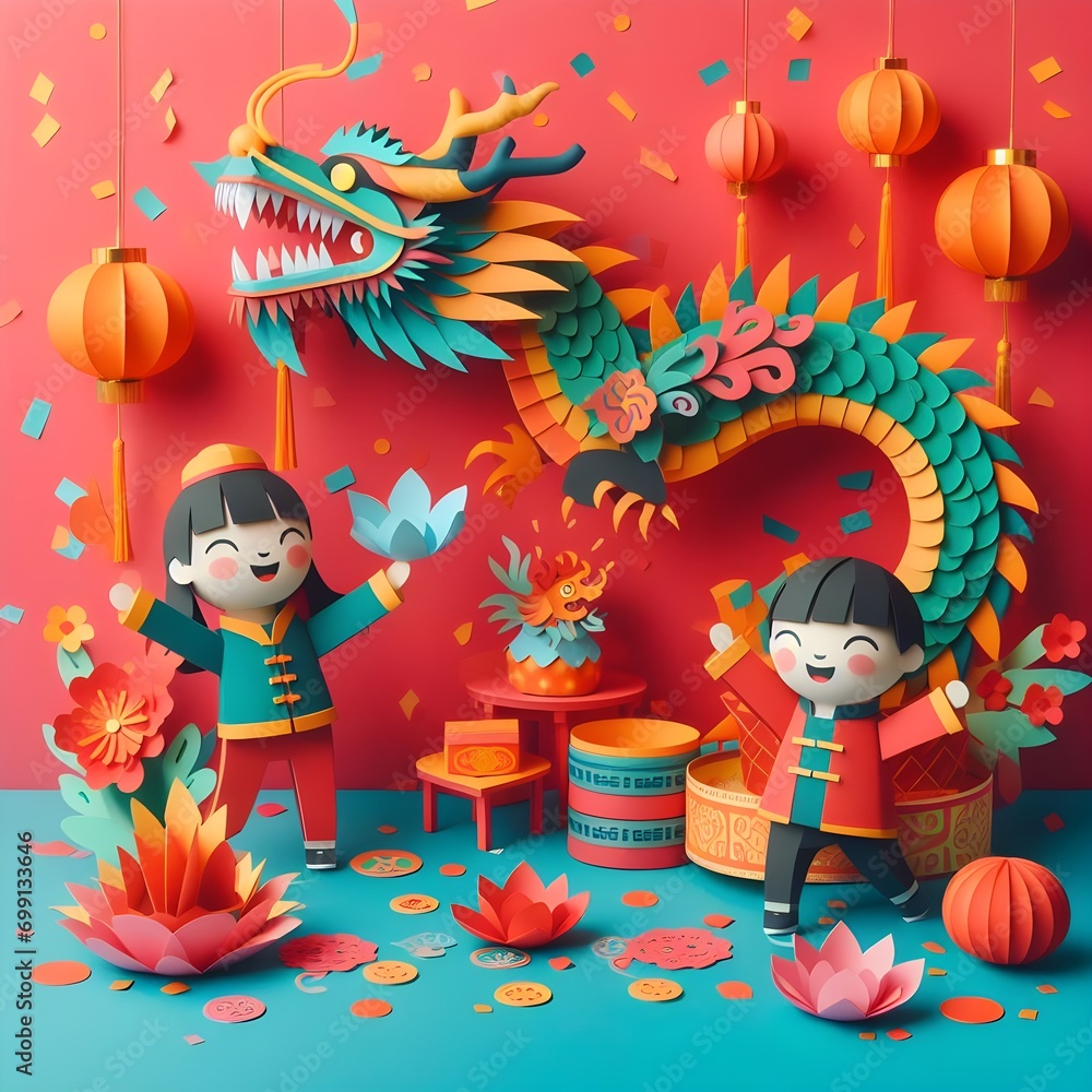 Chinese Lunar Year Paper Art Craft Diorama, Year Of The Dragon. Chinese Lunar Year Paper Art Craft Diorama, Year Of The Dragon.