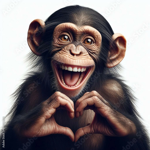 Happy laughing funny monkey portrait making heart hands. Chimpanzee with Hand fingers making heart shape, isolated on white background photo
