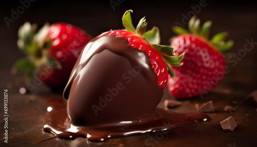 Strawberry dessert, chocolate dipped, melting, gourmet, fresh, sweet temptation generated by AI