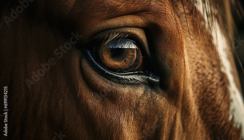 Beautiful horse with a captivating gaze in a rural pasture generated by AI © Stockgiu