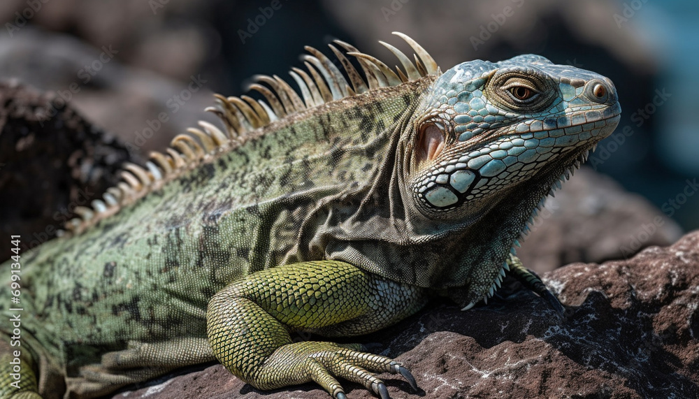 A green iguana crawls on a branch in the tropical rainforest generated by AI A green iguana crawls on a branch in the tropical rainforest generated by AI