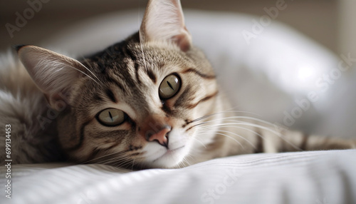 Cute kitten resting on soft pillow, staring with curious eyes generated by AI