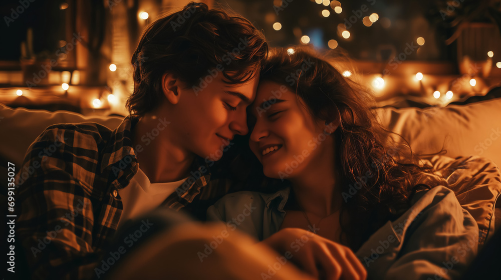 Loving couple on the sofa in a romantic atmosphere