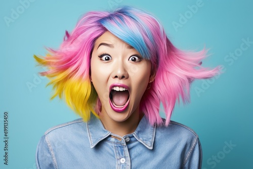Surprised young asian woman with colorful hairs studio portrait. AI generative