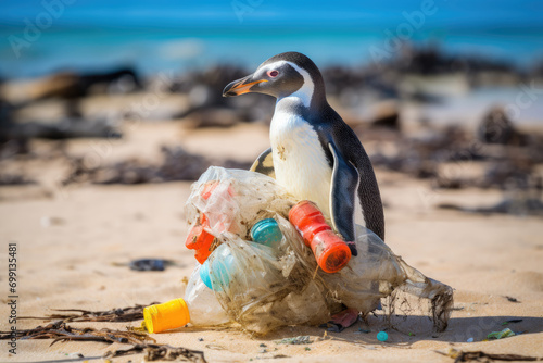 Penguin on the beach with garbage, plastic waste, Environmental pollution concept