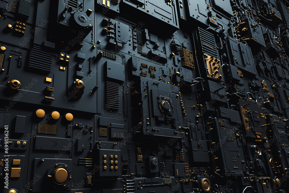 Fototapeta premium Mechanical equipment and pipes background wall, cyberpunk metal style background 