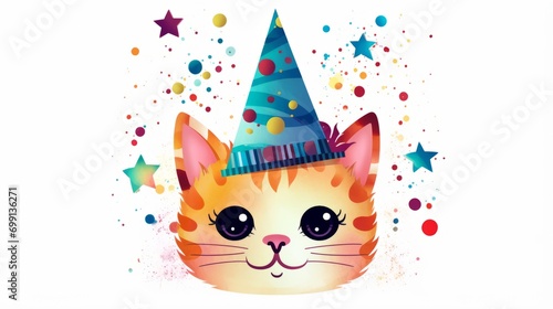 Festive cat clip art with a party hat and confetti