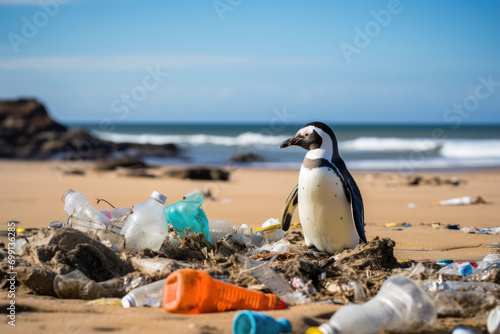 Penguin on the beach with garbage, plastic waste, Environmental pollution concept