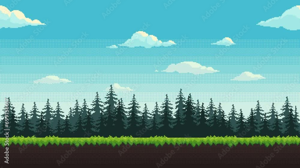 Forest pixel art background animation. 2d pixel video game daytime with green grass, fir trees and floating clouds. Animated looping nature landscape.