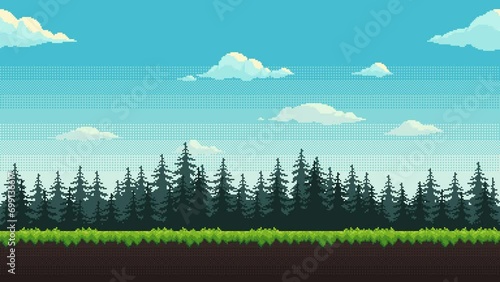 Forest pixel art background animation. 2d pixel video game daytime with green grass, fir trees and floating clouds. Animated looping nature landscape. photo