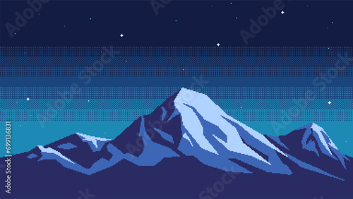 Pixel art mountain background at night. Seamless landscape backdrop of snow-capped peaks and sky with stars. Nature horizontal vector illustration.