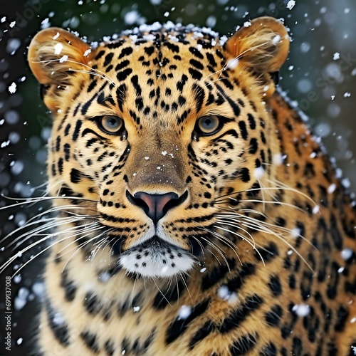 Portrait of a leopard on a background of snowfall