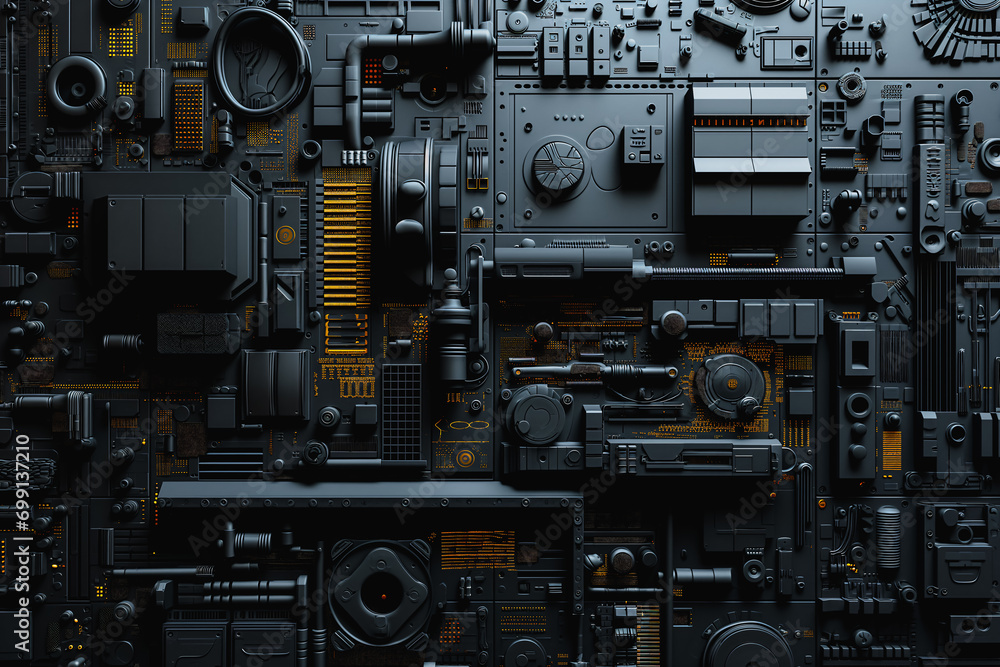 Mechanical equipment and pipes background wall, cyberpunk metal style background Mechanical equipment and pipes background wall, cyberpunk metal style background