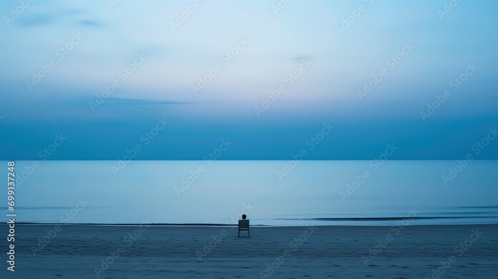 A lonely man sitting near the peacefulness of a tranquil beach. Generative ai.