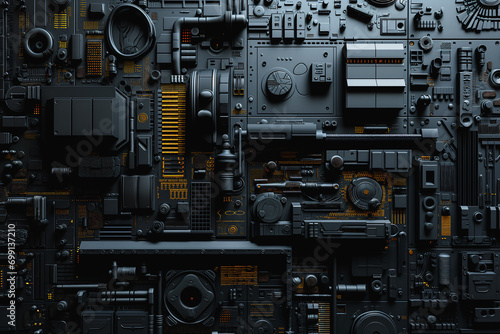 Mechanical equipment and pipes background wall, cyberpunk metal style background 