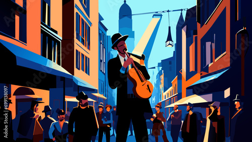 A street musician in a crowded square. vektor icon illustation