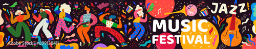 Music festival. Vector colourful illustration with musical instruments and dancing people.