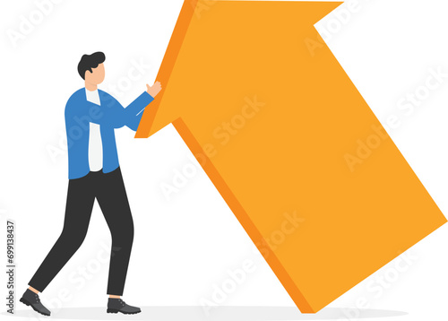 Businessmen tries to push the arrow up. Concept business vector, Teamwork, Growth, Moving up.

