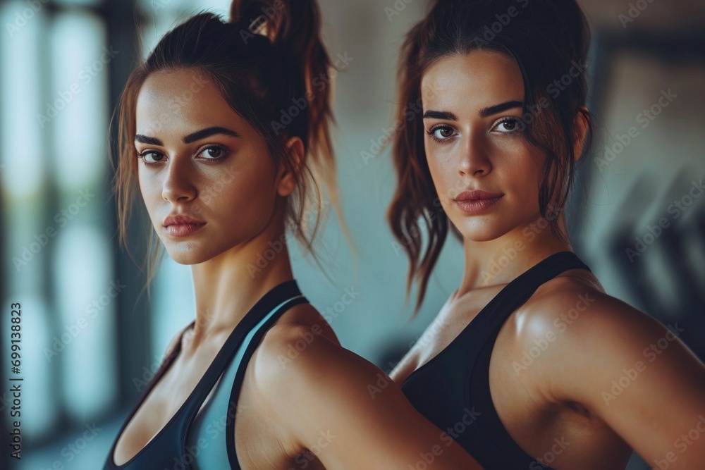 Gym Glamour: Image of Two Stylish Females in Workout Gear, Ready for Fitness Success Gym Glamour: Image of Two Stylish Females in Workout Gear, Ready for Fitness Success