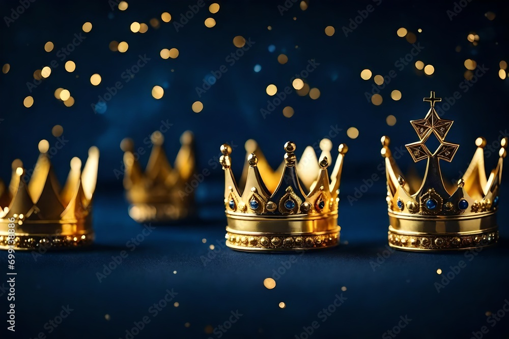Three gold shiny crowns on navy blue background. Three Kings day or Epiphany day holiday celebration night background - obrazy, fototapety, plakaty 