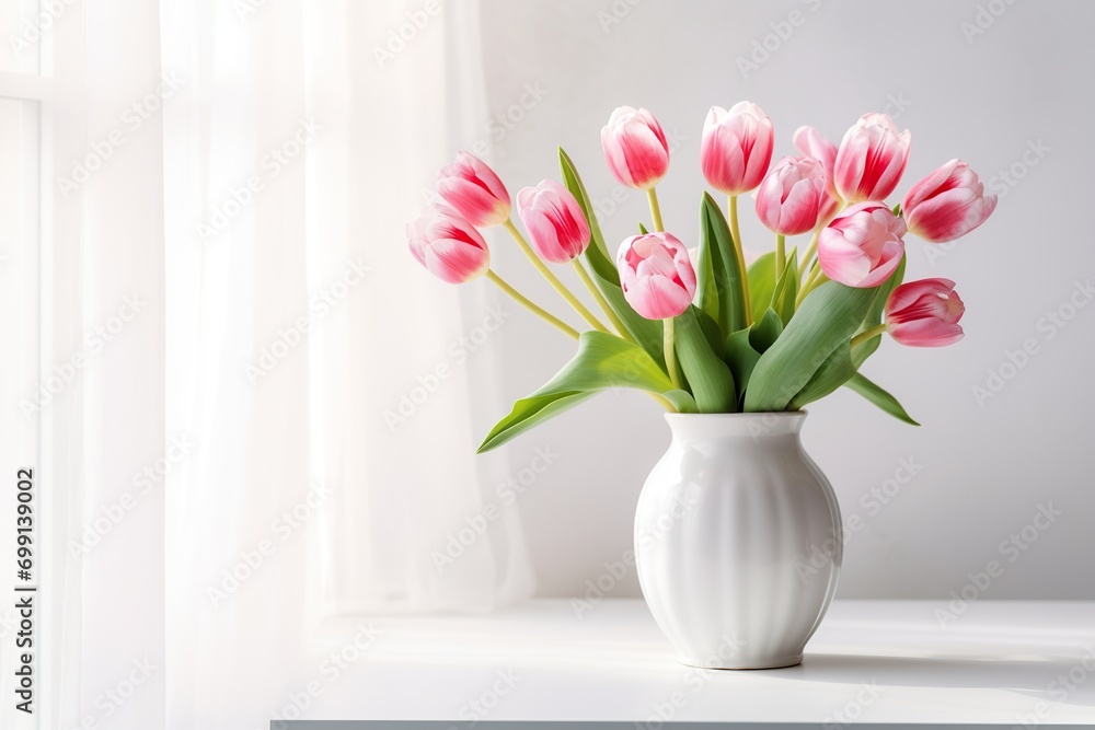 very beautiful tulip flowers in a vase on the table, white background