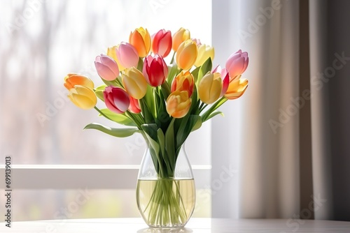 very beautiful tulip flowers in a vase on the table, white background