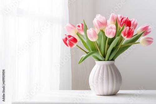 very beautiful tulip flowers in a vase on the table, white background © JetHuynh
