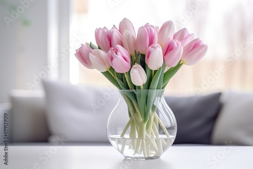 very beautiful tulip flowers in a vase on the table, white background
