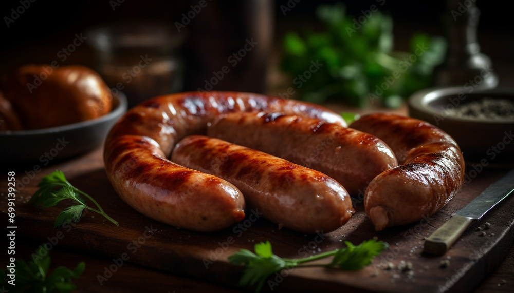 Grilled pork, beef, and bratwurst on a rustic wood grill generated by AI Grilled pork, beef, and bratwurst on a rustic wood grill generated by AI