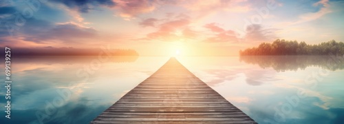 a wooden pier over a calm lake during sunrise photo