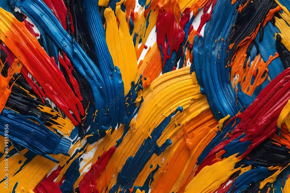 Vibrant and colorful background. Messy paint strokes and smudges on an white background. Blue, orange, yellow, red, black color drips, flows