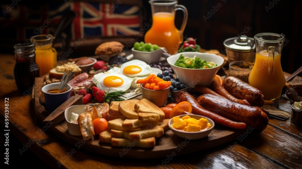 british breakfast on wooden table, studio lighting, food photography, 16:9