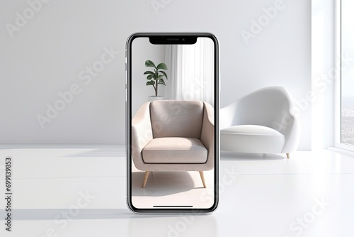 Phone with an augmented reality application in a chair in the interior of a modern bright room. AR technology for 3D furniture in the online store.