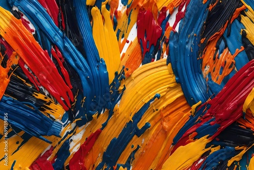 Vibrant and colorful background. Messy paint strokes and smudges on an white background. Blue, orange, yellow, red, black color drips, flows